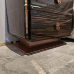 Striped Natural Wood Veneer Nightstand with Burl Top & Rose Gold Accents